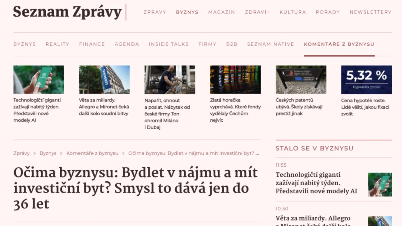 Seznam Zprávy: Očima byznysu: Bydlet v nájmu a mít investiční byt? Smysl to dává jen do 36 let