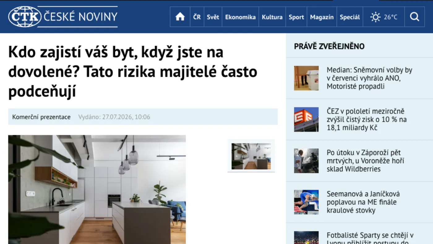 ČeskéNoviny.cz: Kdo se postará o váš byt na dovolené? Rizika, která majitelé podceňují