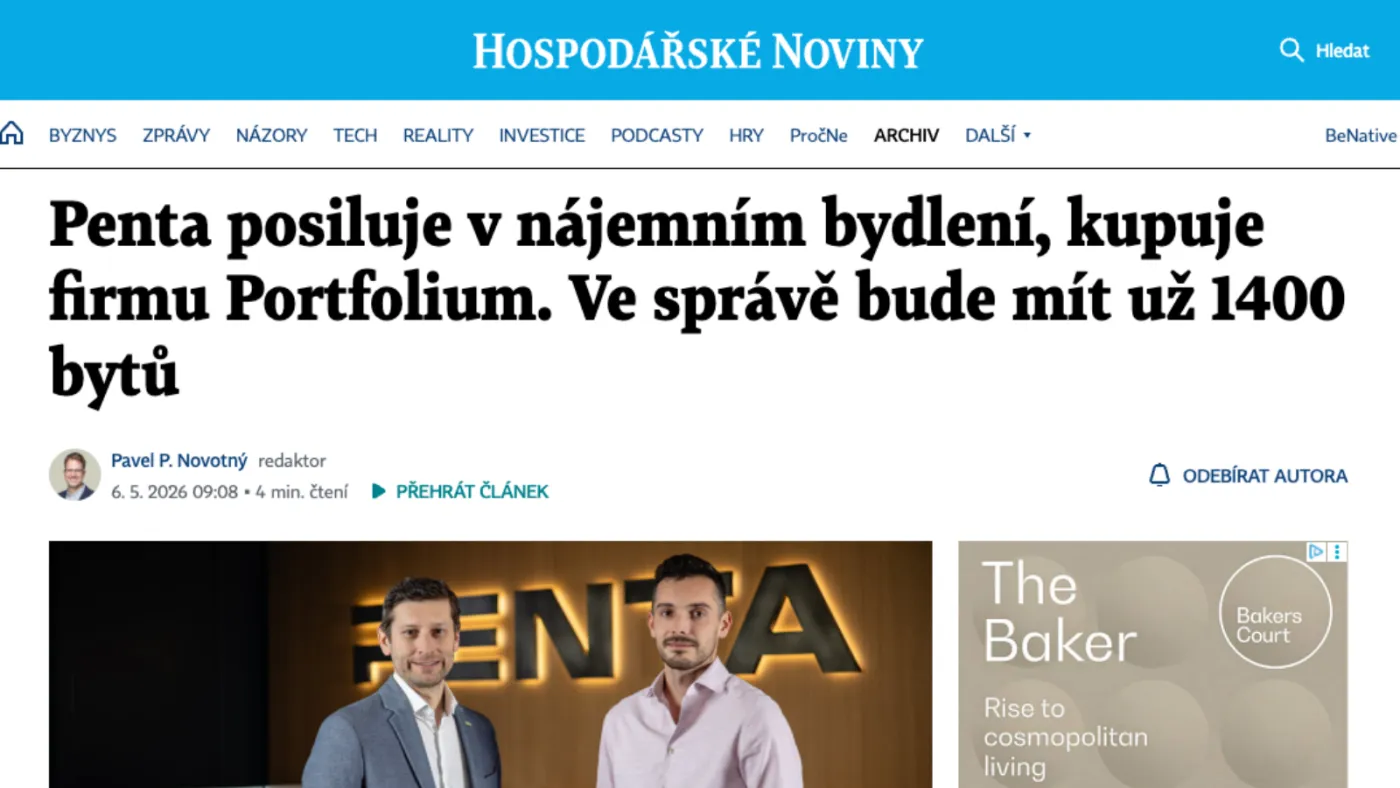 Hospodářské Noviny: Penta posiluje v nájemním bydlení, kupuje firmu Portfolium. Ve správě bude mít už 1400 bytů